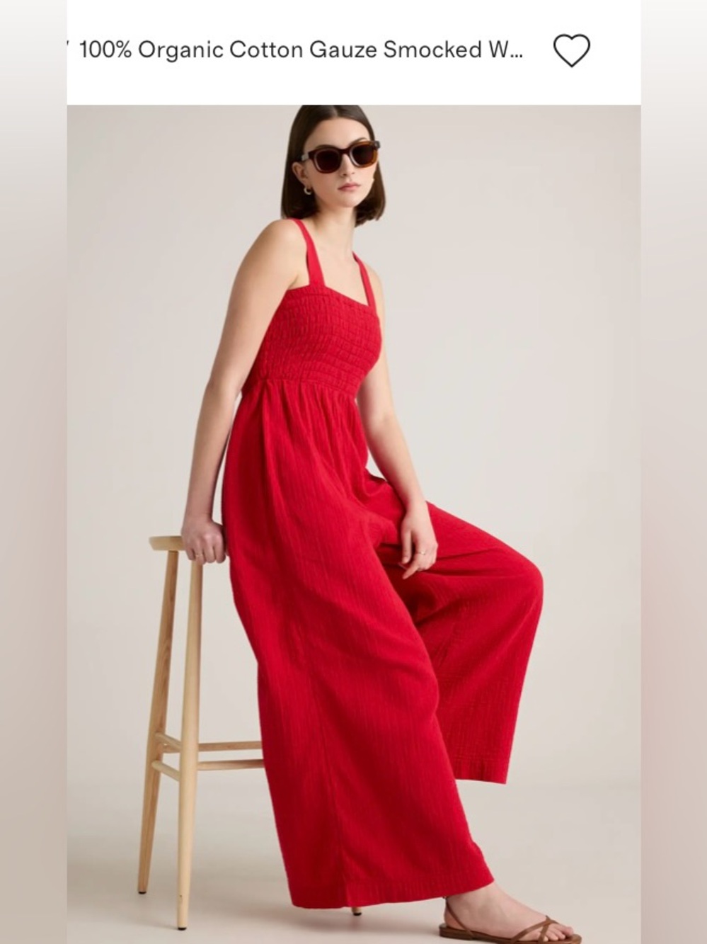 Organic Gauze Red Smocked Wide-Leg Jumpsuit